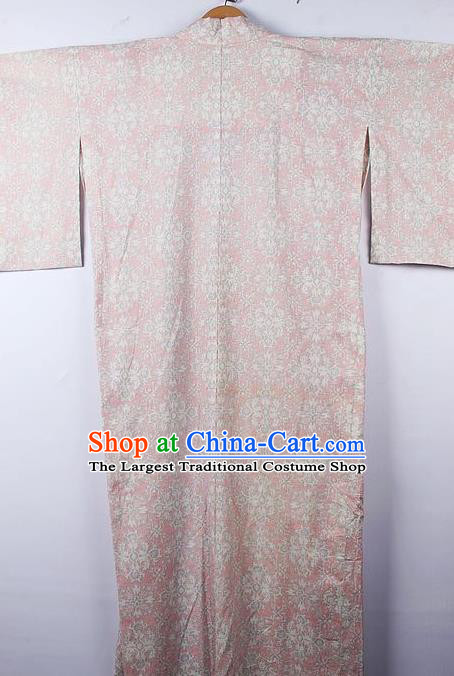 Asian Japanese Palace Pattern Light Pink Furisode Kimono Traditional Japan Yukata Dress for Women