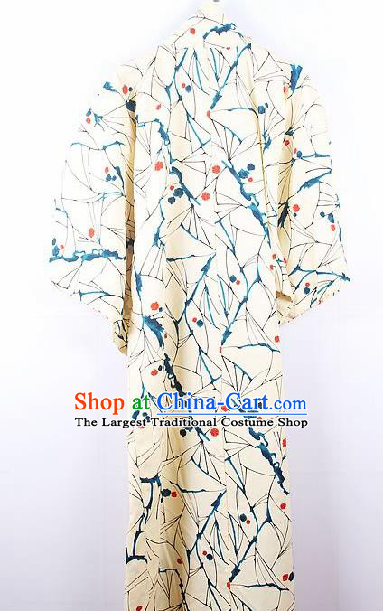 Asian Japanese Ceremony Palace Printing Beige Kimono Traditional Japan Yukata Dress for Women