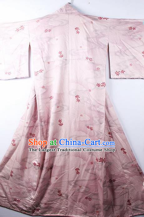 Asian Japanese Palace Classical Maple Leaf Pattern Pink Furisode Kimono Traditional Japan Yukata Dress for Women