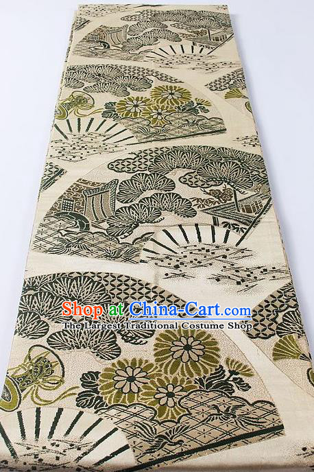 Japanese Classical Pine Chrysanthemum Pattern Beige Waistband Kimono Accessories Asian Traditional Yukata Brocade Belt for Women