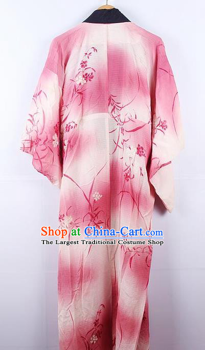 Asian Japanese Ceremony Printing Orchid Rosy Kimono Dress Traditional Japan Yukata Costume for Women