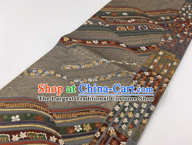 Japanese Traditional Classical Maple Leaf Pattern Deep Grey Waistband Kimono Brocade Accessories Asian Japan Yukata Belt for Women