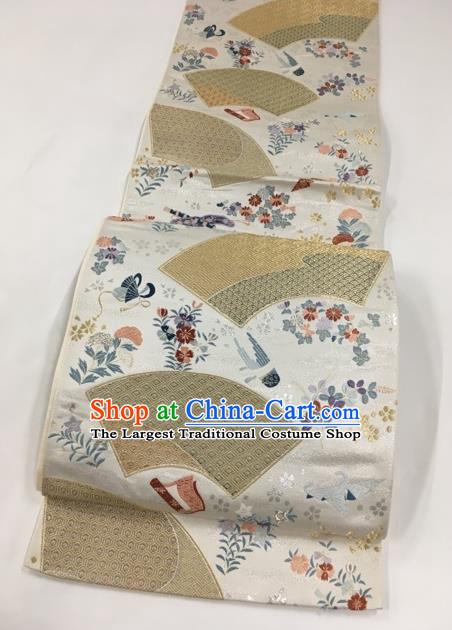 Japanese Traditional Classical Cornflower Pattern White Waistband Kimono Brocade Accessories Asian Japan Yukata Belt for Women