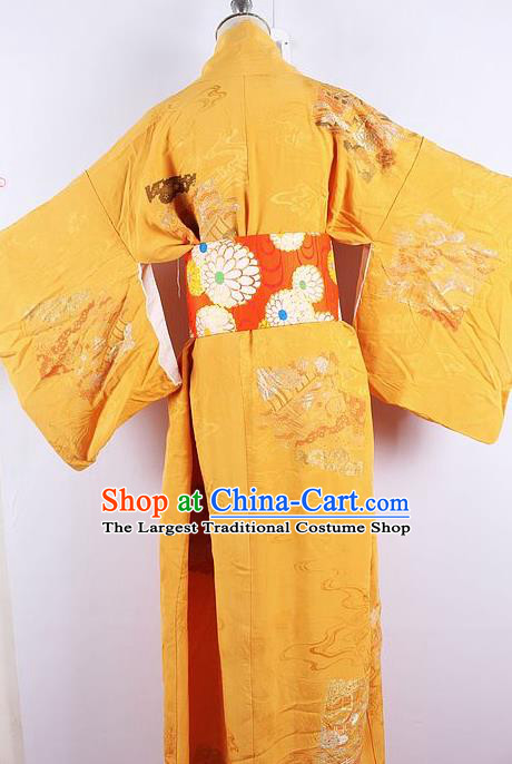 Asian Japanese Ceremony Printing Dragon Boat Yellow Kimono Dress Traditional Japan Yukata Costume for Women