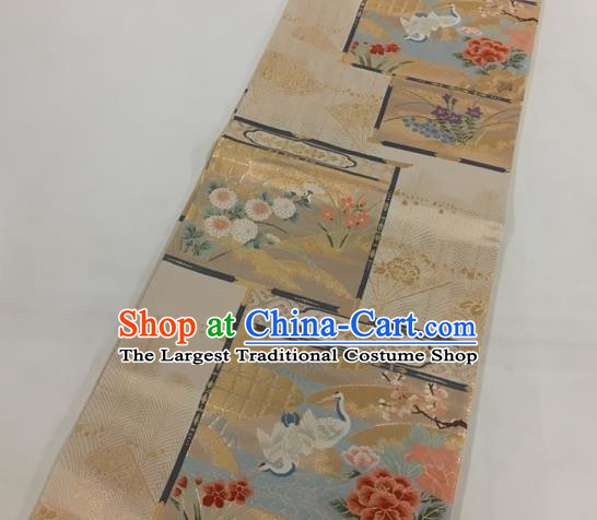 Japanese Traditional Classical Peony Crane Pattern Khaki Waistband Kimono Brocade Accessories Asian Japan Yukata Belt for Women