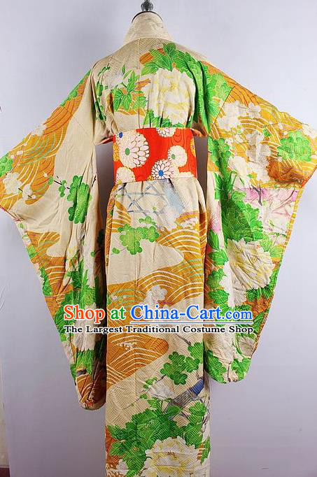 Asian Japanese Ceremony Printing Peony Kimono Dress Traditional Japan Yukata Costume for Women