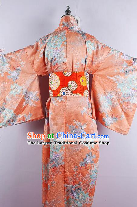 Japanese Ceremony Costume Printing Orange Silk Kimono Dress Traditional Asian Japan Yukata for Women