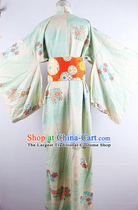 Japanese Ceremony Costume Printing Maple Leaf Green Silk Kimono Dress Traditional Asian Japan Yukata for Women