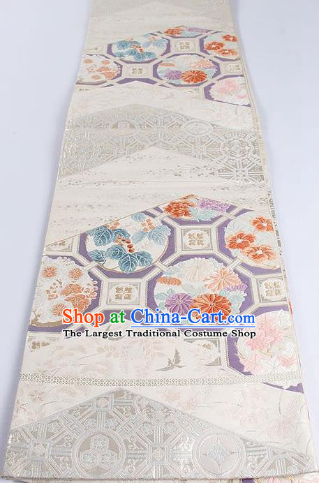 Japanese Classical Daisy Pattern White Waistband Traditional Kimono Brocade Accessories Asian Japan Yukata Belt for Women