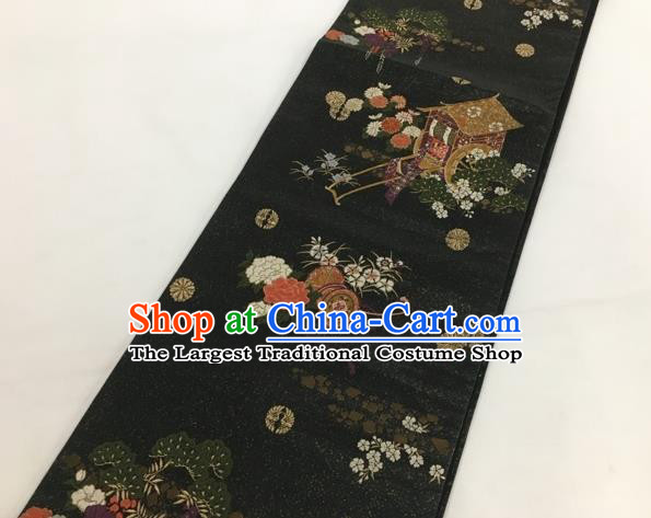 Japanese Classical Peony Gharry Pattern Black Nishijin Waistband Traditional Kimono Brocade Accessories Asian Japan Yukata Belt for Women