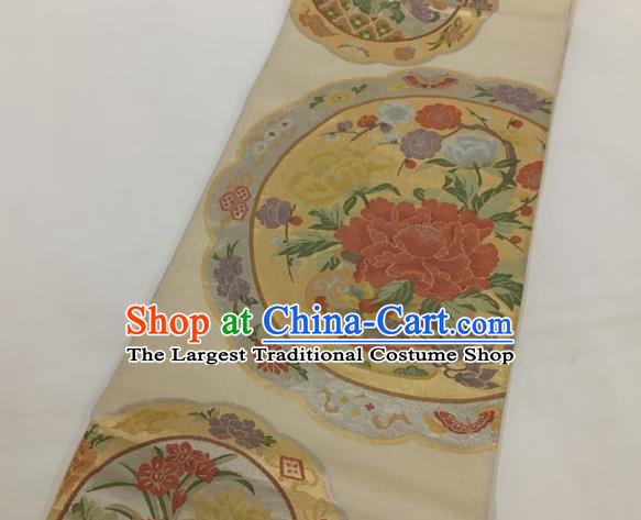 Traditional Japanese Classical Peony Plum Pattern Nishijin Waistband Kimono Brocade Accessories Yukata Belt for Women