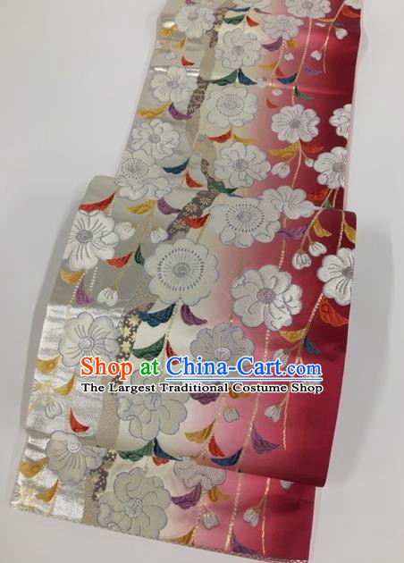 Traditional Japanese Classical Frangipane Pattern Wine Red Nishijin Waistband Kimono Brocade Accessories Yukata Belt for Women