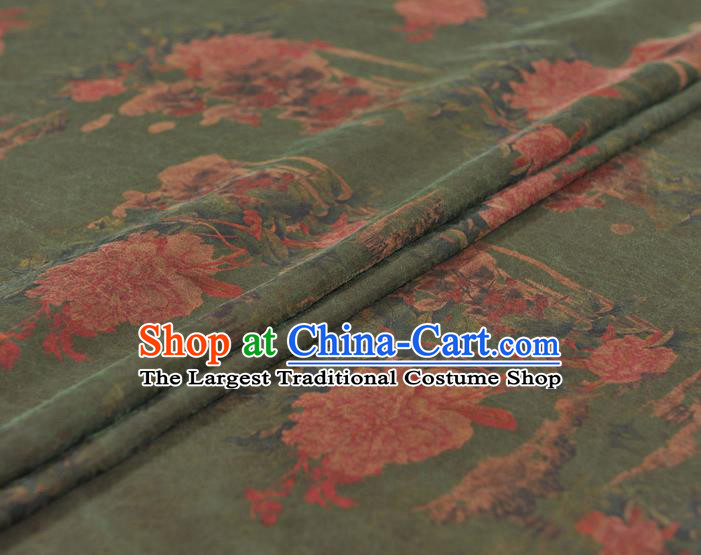 Chinese Traditional Peony Pattern Design Olive Green Gambiered Guangdong Gauze Asian Brocade Silk Fabric