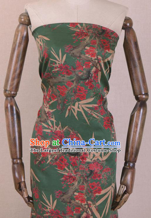 Chinese Classical Bamboo Plum Blossom Pattern Design Green Gambiered Guangdong Gauze Traditional Asian Brocade Silk Fabric