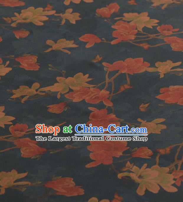 Asian Chinese Classical Magnolia Pattern Design Navy Gambiered Guangdong Gauze Traditional Cheongsam Brocade Silk Fabric