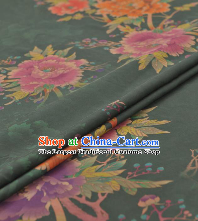 Chinese Classical Peony Pattern Design Olive Green Gambiered Guangdong Gauze Traditional Asian Brocade Silk Fabric