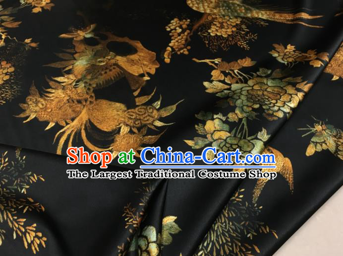 Asian Chinese Classical Peacock Pattern Black Brocade Satin Drapery Traditional Cheongsam Brocade Silk Fabric