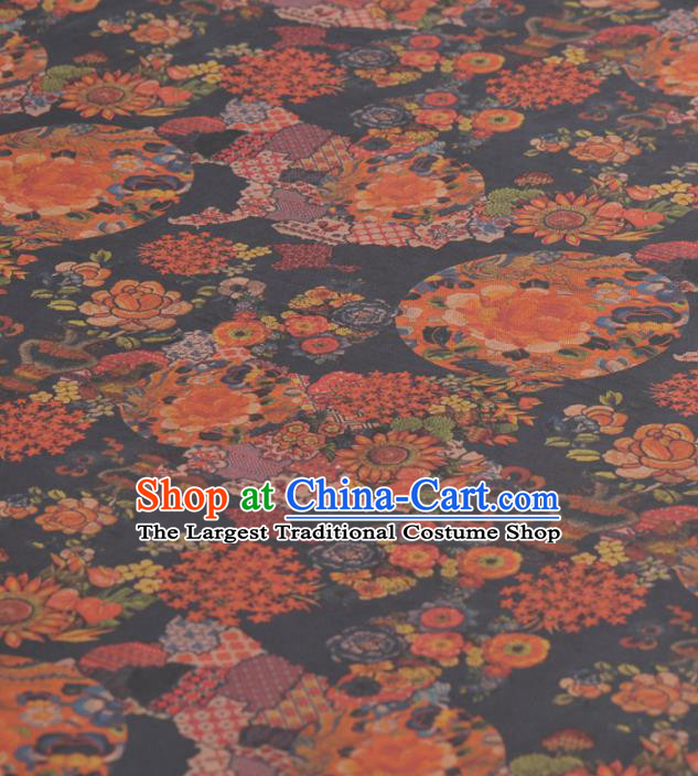 Asian Chinese Classical Peony Sunflowers Pattern Navy Gambiered Guangdong Gauze Traditional Cheongsam Brocade Silk Fabric