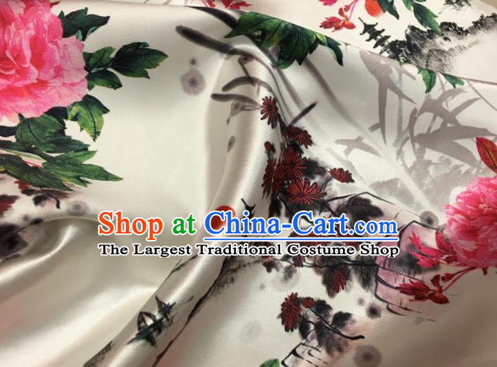 Asian Chinese Classical Chrysanthemum Peony Pattern White Brocade Satin Drapery Traditional Cheongsam Brocade Silk Fabric