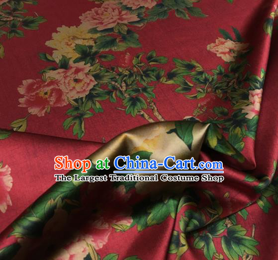Asian Chinese Classical Peony Pattern Purplish Red Brocade Satin Drapery Traditional Cheongsam Brocade Silk Fabric