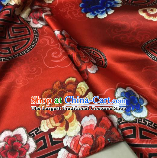 Asian Chinese Classical Cloud Peony Pattern Red Brocade Satin Drapery Traditional Cheongsam Brocade Silk Fabric