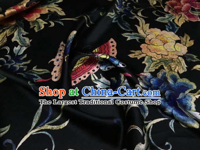 Asian Chinese Classical Peony Flowers Pattern Black Brocade Satin Drapery Traditional Cheongsam Brocade Silk Fabric