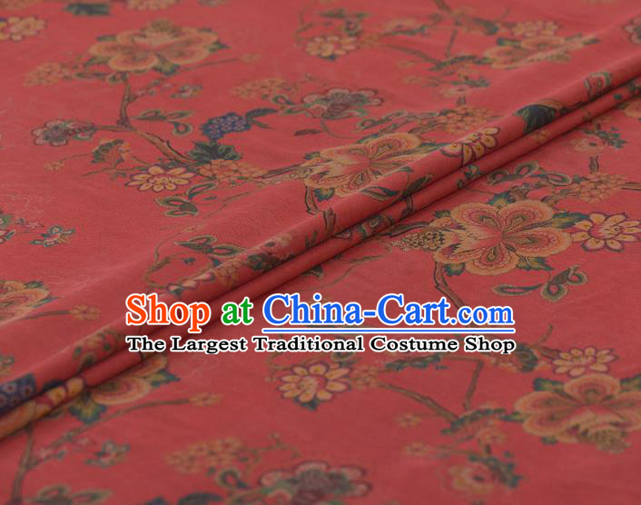 Asian Chinese Classical Peach Flower Pattern Red Gambiered Guangdong Gauze Traditional Cheongsam Brocade Silk Fabric