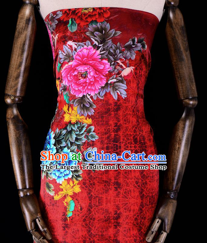 Asian Chinese Classical Peony Pattern Red Gambiered Guangdong Gauze Traditional Cheongsam Brocade Silk Fabric
