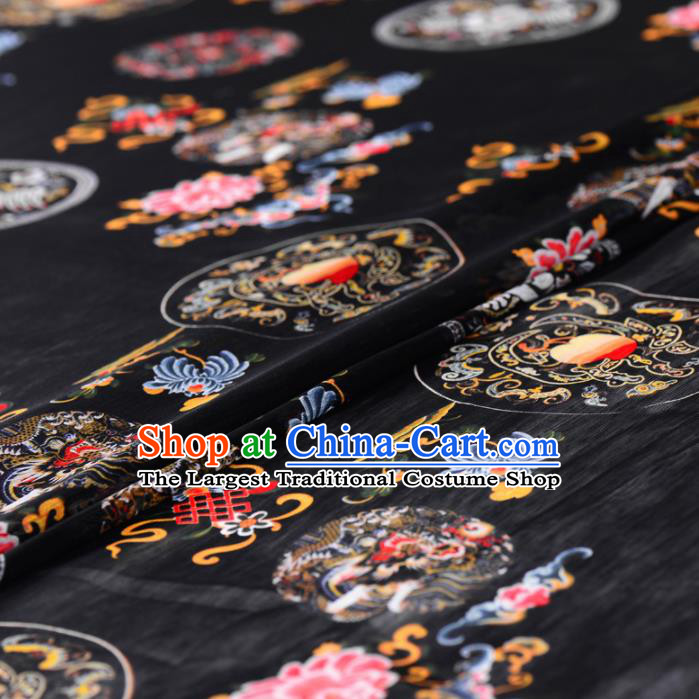Asian Chinese Classical Dragon Phoenix Peony Pattern Black Gambiered Guangdong Gauze Traditional Cheongsam Brocade Silk Fabric
