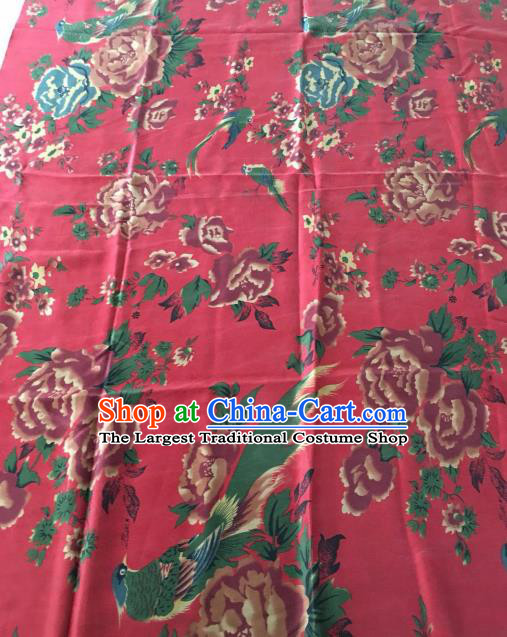 Asian Chinese Classical Peony Pattern Red Satin Drapery Gambiered Guangdong Gauze Brocade Traditional Cheongsam Brocade Silk Fabric