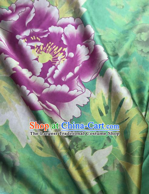 Asian Chinese Classical Peony Pattern Green Satin Drapery Gambiered Guangdong Gauze Brocade Traditional Cheongsam Brocade Silk Fabric