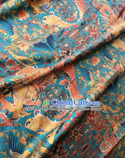 Asian Chinese Classical Phoenix Peony Pattern Blue Satin Drapery Gambiered Guangdong Gauze Brocade Traditional Cheongsam Brocade Silk Fabric