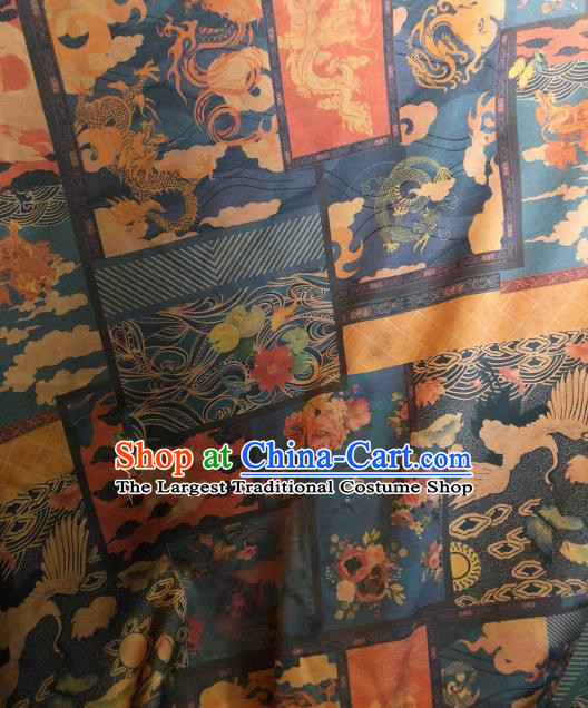 Asian Chinese Classical Dragon Crane Pattern Blue Satin Drapery Gambiered Guangdong Gauze Brocade Traditional Cheongsam Brocade Silk Fabric