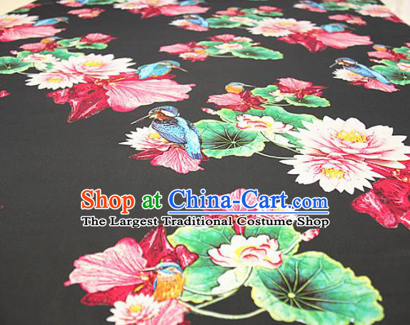 Asian Chinese Classical Lotus Birds Pattern Black Satin Drapery Gambiered Guangdong Gauze Brocade Traditional Cheongsam Brocade Silk Fabric