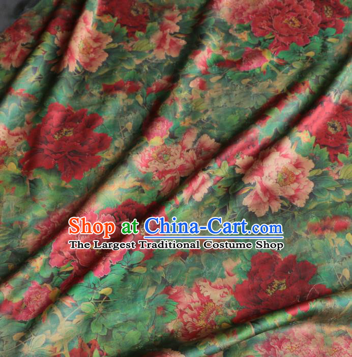 Asian Chinese Classical Peony Pattern Green Gambiered Guangdong Gauze Satin Drapery Brocade Traditional Cheongsam Brocade Silk Fabric