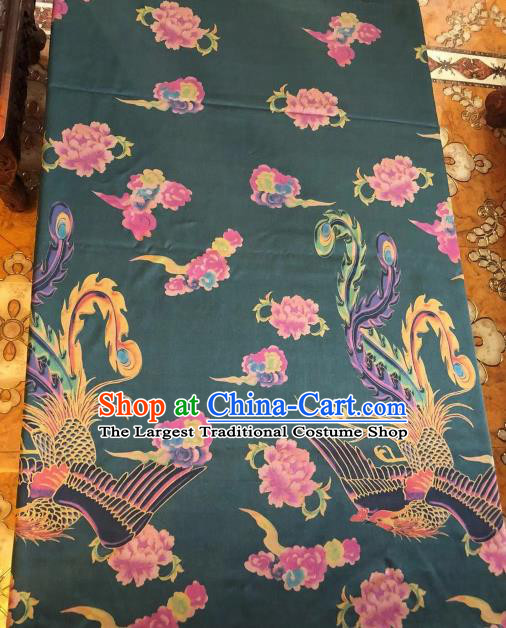 Asian Chinese Classical Phoenix Peony Pattern Deep Green Satin Drapery Gambiered Guangdong Gauze Brocade Traditional Cheongsam Brocade Silk Fabric