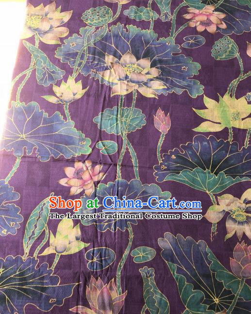 Asian Chinese Classical Lotus Pattern Purple Satin Drapery Gambiered Guangdong Gauze Brocade Traditional Cheongsam Brocade Silk Fabric