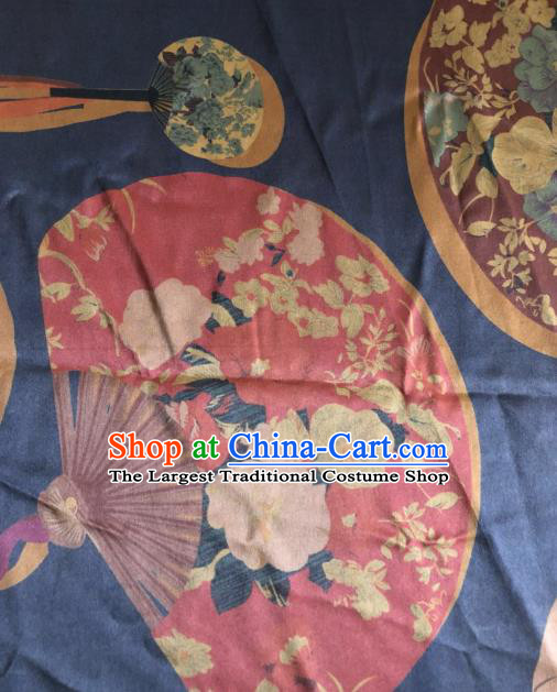 Asian Chinese Classical Fans Pattern Navy Satin Drapery Gambiered Guangdong Gauze Brocade Traditional Cheongsam Brocade Silk Fabric