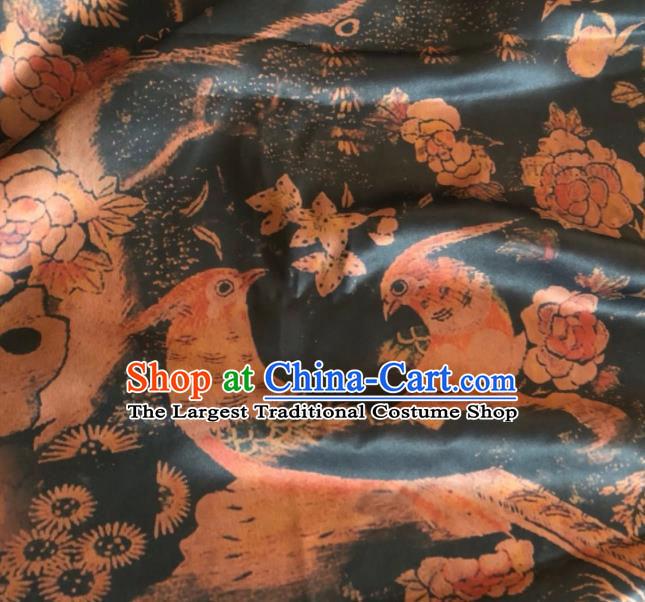 Asian Chinese Classical Birds Pattern Black Satin Drapery Gambiered Guangdong Gauze Brocade Traditional Cheongsam Brocade Silk Fabric