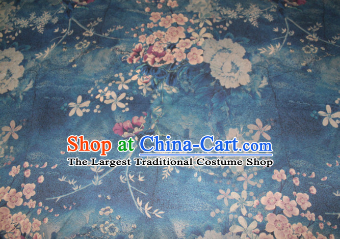 Asian Chinese Cheongsam Classical Plum Pattern Blue Gambiered Guangdong Gauze Satin Drapery Brocade Traditional Brocade Silk Fabric