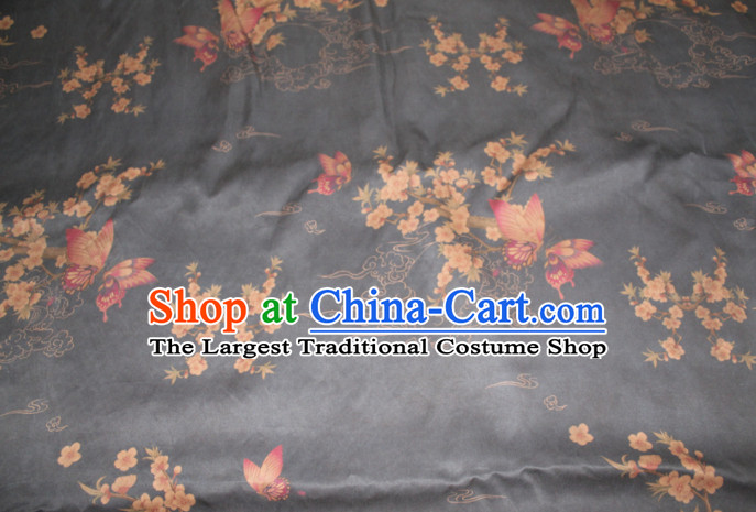 Chinese Traditional Cheongsam Classical Plum Butterfly Pattern Black Gambiered Guangdong Gauze Asian Satin Drapery Brocade Silk Fabric
