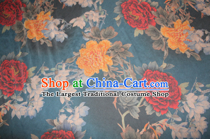 Chinese Traditional Cheongsam Classical Peony Pattern Blue Gambiered Guangdong Gauze Asian Satin Drapery Brocade Silk Fabric
