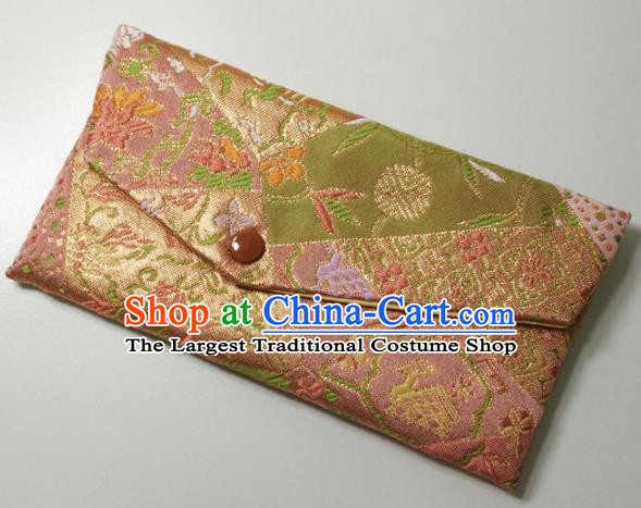 Japanese Traditional Classical Pattern Pink Brocade Handbag Asian Japan Nishijin Satin Bags Wallet