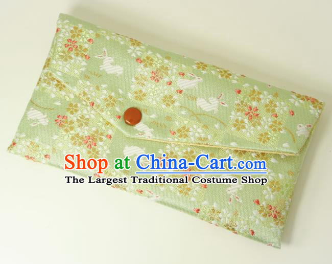 Japanese Traditional Classical Orchid Rabbits Pattern Green Brocade Handbag Asian Japan Nishijin Satin Bags Wallet