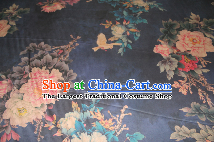 Asian Chinese Cheongsam Classical Peony Pattern Navy Gambiered Guangdong Gauze Satin Drapery Brocade Traditional Brocade Silk Fabric