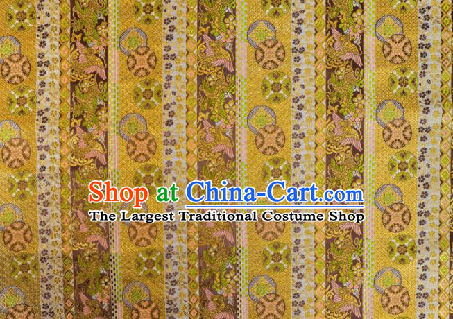 Japanese Traditional Kimono Classical Round Phoenix Pattern Golden Brocade Damask Asian Japan Nishijin Satin Drapery Silk Fabric