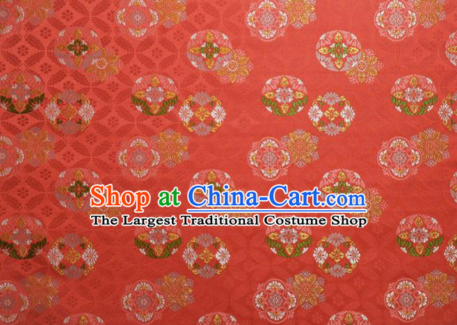 Japanese Traditional Kimono Classical Qibao Flowers Pattern Red Brocade Damask Asian Japan Nishijin Satin Drapery Silk Fabric