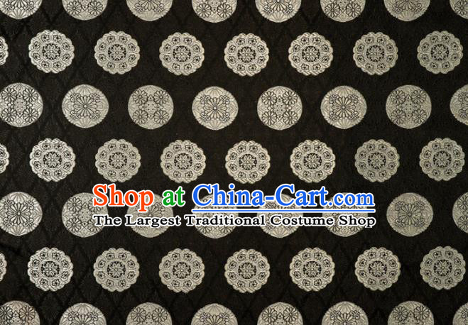 Japanese Traditional Kimono Classical Round Chrysanthemum Pattern Black Brocade Damask Asian Japan Nishijin Satin Drapery Silk Fabric