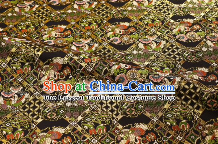 Japanese Traditional Kimono Classical Crane Daisy Pattern Black Brocade Damask Asian Japan Nishijin Satin Drapery Silk Fabric
