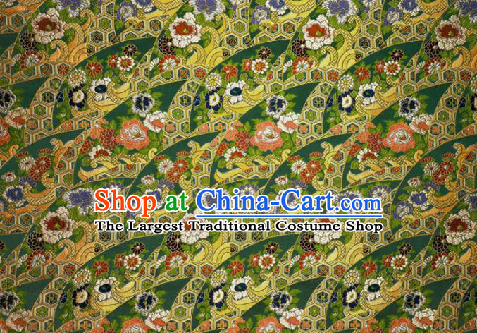 Japanese Traditional Kimono Classical Daisy Pattern Deep Green Brocade Damask Asian Japan Nishijin Satin Drapery Silk Fabric